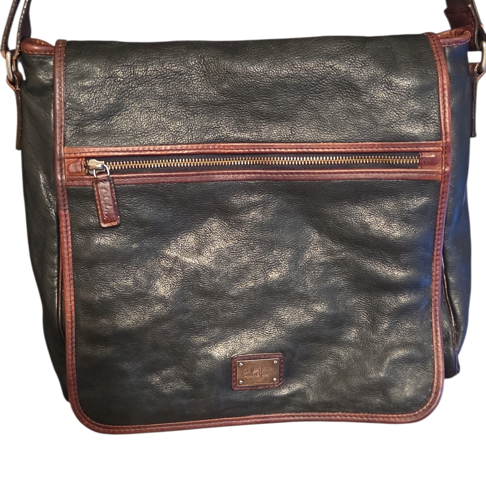 Vintage Cole Hann Black w/ Brown Trim Leather Messenger Bag w/ Adjustable Strap